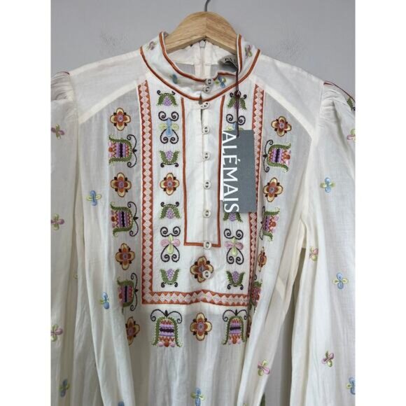 NWT Alemais Lovella Embroidered Cotton Blouson Sleeves White Tie Mini Dress - Picture 4 of 9